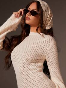 Athîral 女士纯色镂空时尚约会/旅行长袖针织连衣裙 - 白色 - 查看 3