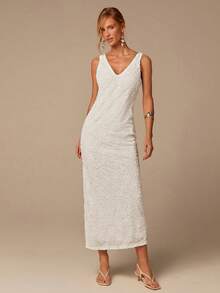 COSMINA Women's Jacquard V-Neck White Floral,Summer,Elegant,Wedding Guest Sleeveless Slit Embroidered Dress,Fashionable Date Party Wedding Season Outfit - White - View 3
