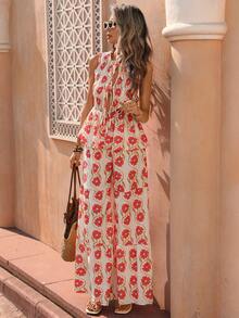 Flora Isola Flora Isola 女士春夏限量版两件套印花褶皱无袖系带上衣和阔腿裤，优雅浪漫度假风，适合日常通勤、休闲约会、海岛度假、温泉之旅、下午茶聚会、朋友聚会、婚礼宾客等场合。 - 杏色 - 查看 5