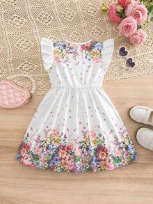 SHEIN Đầm ngắn tay bồng cho bé gái, in hoa, thanh lịch, thời trang, phù hợp mặc thường ngày, quà tặng lý tưởng cho hoạt động ngoài trời, phong cách xuân hè. - trắng - Xem 4