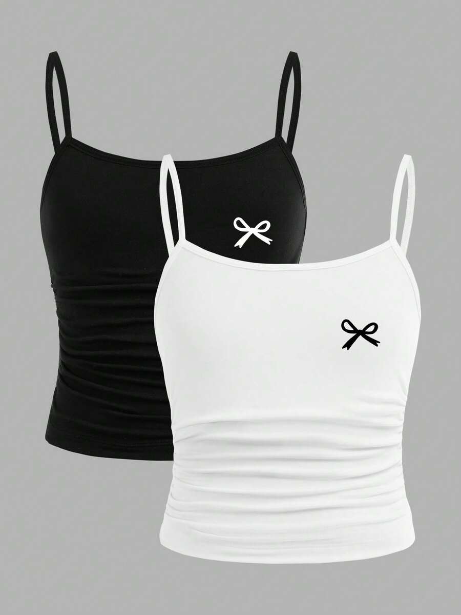 SHEIN Tween Girl Bow Print Camisole Undershirt - Black - View 1