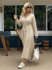 Dripcurv Váy dài thắt lưng màu mơ mùa đông dành cho nữ, Váy thường ngày độc quyền, Váy năm mới, Phong cách năm mới, Trang phục ngày lễ tình nhân. - Màu be - Xem 1