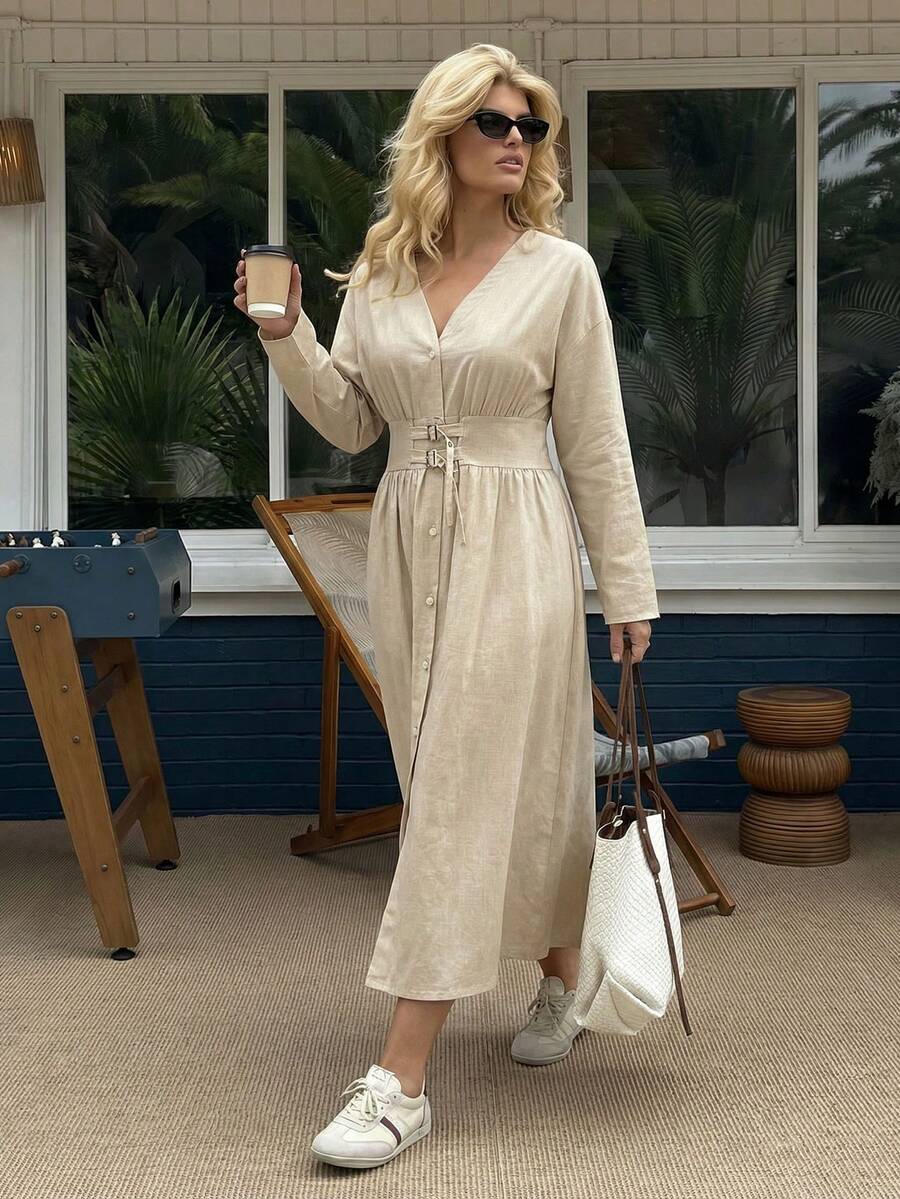 Dripcurv Váy dài thắt lưng màu mơ mùa đông dành cho nữ, Váy thường ngày độc quyền, Váy năm mới, Phong cách năm mới, Trang phục ngày lễ tình nhân. - Màu be - Xem 1