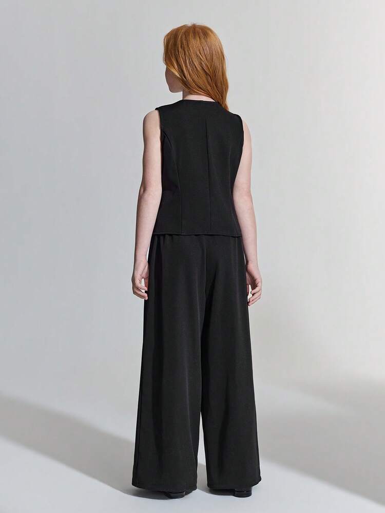 Tween Girl Woven Black Metallic Floral Buckle Camisole & Wide Leg Pants Casual Suit
