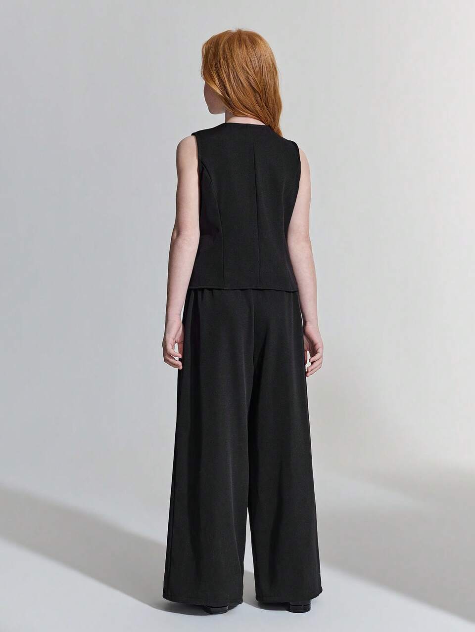 Tween Girl Woven Black Metallic Floral Buckle Camisole & Wide Leg Pants Casual Suit
