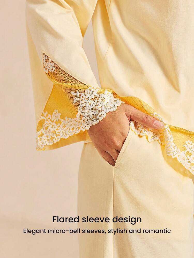 Conjunto de pijama de ropa de dormir de algodón 100% puro suave con pantalón y top con botones y adorno de encaje de lujo