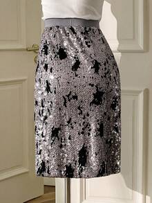 SHEIN Unity Spring Autumn Black And Silver Velvet Shiny Sequin Skirt,Adjustable Elastic Waist,Seksi Chic Night Out Elegant Party Office Business 90s Retro Skirt - Grey - View 7