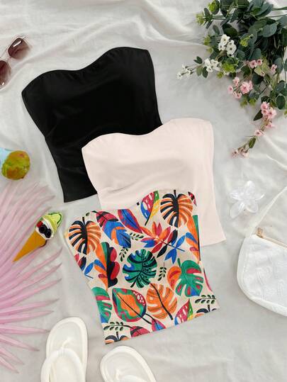 Soleia 3pcs Casual Bohemian Floral & Plant Colorful Print Camisole Tops, Elegant Romantic Vintage Style, Suitable For Beach/Vacation Wear, Comfortable For Spring/Summer