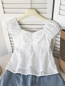 SHEIN Maglietta casual minimalista comoda con ricamo EMB e cinturino posteriore a maniche corte bianca tinta unita per ragazze pre-adolescenti - Bianco - Visualizzare 6