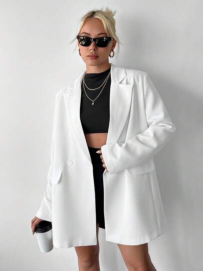 Ritzy Row Women's Casual Oversized Padded Shoulder Mid-Length Double-Breasted Blazer