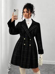 Elenzga Plus Size Women's Fashionable Retro Elegant Double-Breasted Wool Coat, Versatile For Daily Wear, Minimalist And Commuter Style - Black - View 1