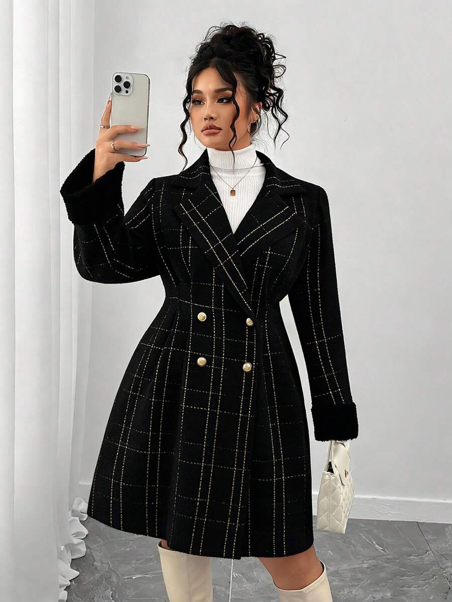 Elenzga Plus Size Women's Fashionable Retro Elegant Double-Breasted Wool Coat, Versatile For Daily Wear, Minimalist And Commuter Style - Black - View 1
