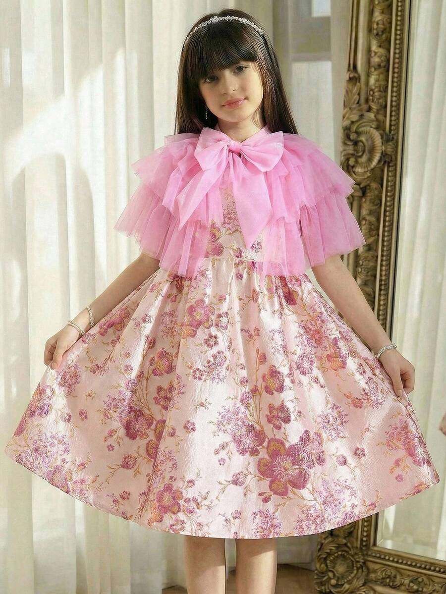 SHEIN Tween Girl Elegant Layered Mesh Trim Sleeveless Jacquard Dress 2 Pieces Set,Pink Silk Long Puffy Flowerance Dress For Teens,Summer Country Concert - Hot Pink - View 1