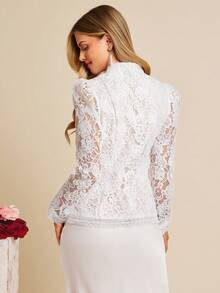 Amorya Damen elegantes einfarbiges Spitzenhemd mit Knöpfen - Weiss - Übersicht 3