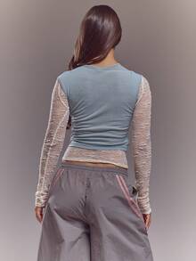 MUSERA 2PCS Layered Lace Underlay Long Sleeve Top Spring Summer Cute Sexy Streetwear Night Out Ballet Sleeze - Blue and White - View 4