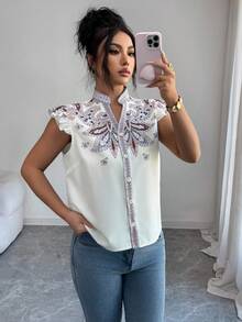 SHEIN Raffinéa Áo sơ mi nữ tay ngắn dáng rộng, in kỹ thuật số, phong cách nghỉ dưỡng, thích hợp cho kỳ nghỉ. - Nhiều màu - Xem 5