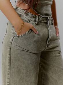 MUSERA Low Rise Washed Denim Cargos Co-Ord Bottom Only Streetwear Coolgirl Winter Sexy Casual Odd Drift - Olive Green - View 5