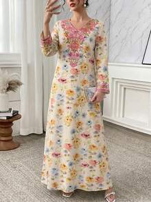 Al Najma Women's Modest Arabic Kaftan Maxi Dress – Ivory Pastel Floral Print With Faux Embroidery V-Neck, Long Bell Sleeves, Boho Abaya Style Vacation & Wedding Guest,Casual Floral Print Long Sleeve Modest Arabic Dress Floral Women Dresses Dress Modest Turkish Dress - Multicolor - View 5