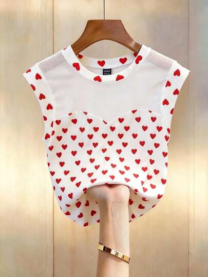 Franclia Women's Fashion Solid Color Mesh Patchwork Heart Print T-Shirt Valentine's Day Cute Top Polka Dot