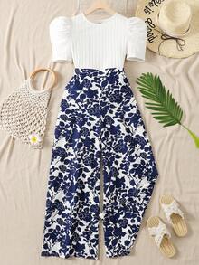 SHEIN 少女白色纯色罗纹针织T恤和印花系带短裤两件套，适合夏季、毕业典礼、返校、度假、节日、午餐、音乐节等场合。 - 藍白色 - 查看 5