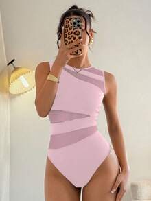 Rafferiza 优雅性感时尚黑色圆领无袖修身不对称几何网纱拼接针织连体衣，女士春夏款 - 淺粉色 - 查看 3