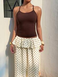 Muchica Women's Polka Dot Waist Splice Ruffle Loose Fashion Pants, Spring Women, Going Out, Summer Vacations - Black and White - View 2
