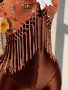 Amplova Women's Retro Halter Neck Top, Sexy & Avant-Garde With Beaded Embroidery, Suitable For Vacation, Cute Tassel Hem - Orange - View 7