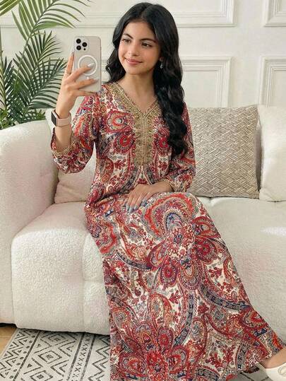 SHEIN Casual Resort Woven Paisley Print Gold Ribbon Loose Dress, Suitable For Daily Wear, Arabic Jalabiya Dress, Dignified Paisley Print Dress Long Sleeve Maxi Dress Kaftan Dresses Boho Maxi Dress