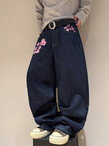 STEELVANCE Casual Chic Peach Blossom Embroidery Design Loose Wide-Leg Jeans - Dark Wash - View 3