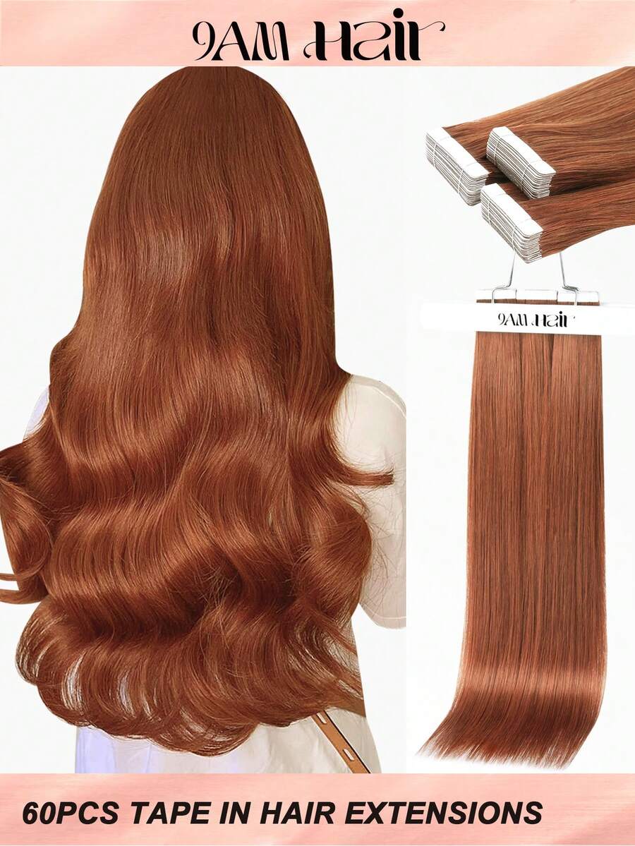 60pcs Tape In Hair Extensions 100% Human Hair #113 Auburn Brown Straight Style In 14-22 Inch Lengths Extensions Silky Seamless Invisible Top Quality Thick Ends Healthy Human Hair Extensions For Thin Hair And Salon Use - S113# - View 1