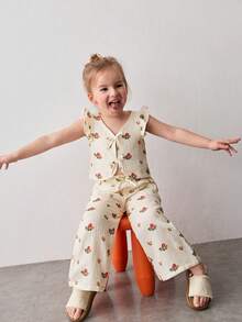 Maija Kids Kleine Mädchen Blume Muster Webstoff Trägerhemd und Hose Lässig Süßes Set - Aprikosenfarben - Übersicht 6