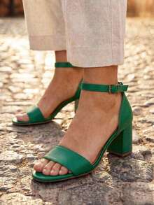 Sandalias De Tacón Grueso Simple Y Elegante Para Mujeres Con Correa De Tobillo - Verde - Ver 3