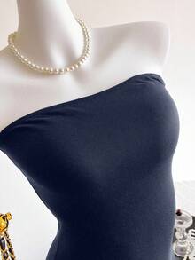 SHEIN Strapless Slit Snug Fit Skirt, Fashionable & Sexy, Fitted Design, High Waist Slit, Suitable For Parties - Navy Blue - View 3