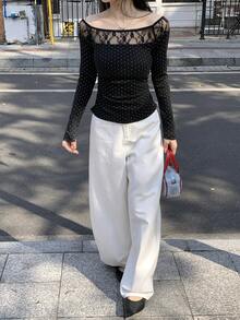 DAZY Women's Off Shoulder Long Sleeve Lace Polka Dot T-Shirt, Sexy Top For Autumn/Winter - Black - View 8