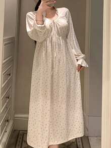 DAZY Women's Sweet Ditsy Floral Frill Trim Drawstring Nightgown - Beige - View 1