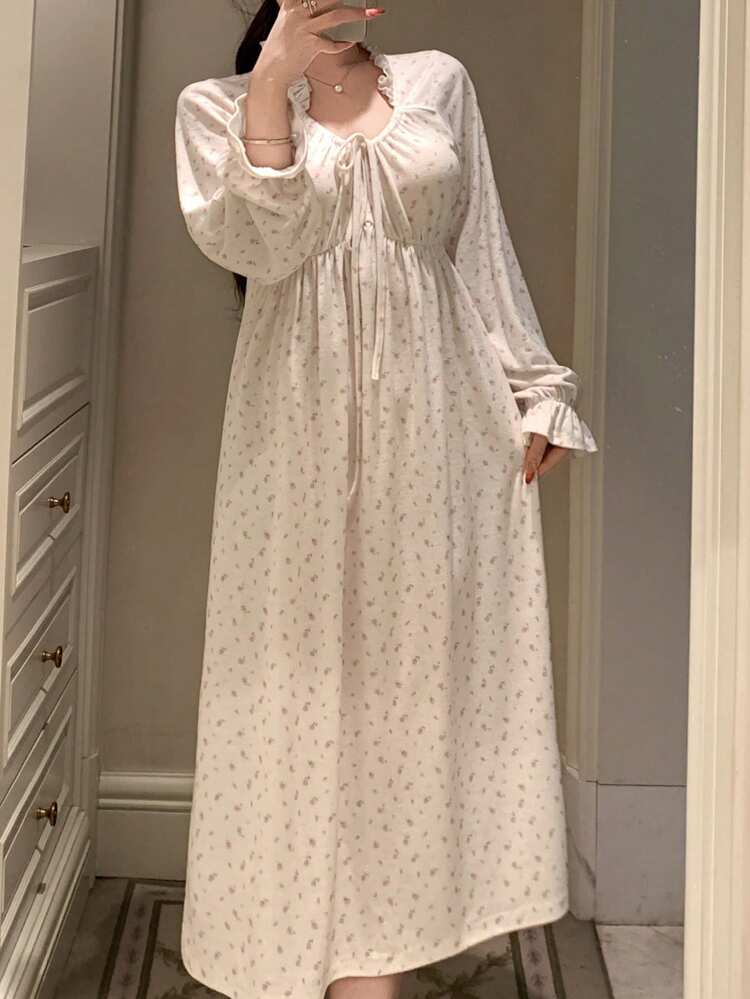 Women's Sweet Ditsy Floral Frill Trim Drawstring Nightgown