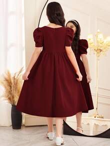 Tween Girl Elegant Pearl Embellished Square Neck Gigot Sleeve Ruffle Hem Woven Satin Dress, Suitable For Weddings, Parties, Birthdays, Gatherings, Spring/Summer - Burgundy - View 2