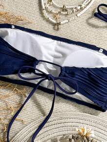 Swim Vcay 1pc Textured Solid Color Shell Strap Decor Bandeau Swimwear Top Navy Blue Tube Top Beaded Bikini - Navy Blue - View 4