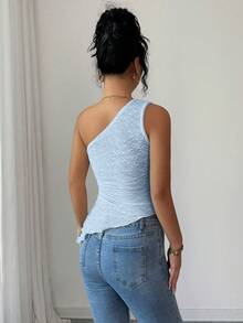 SHEIN Elenzya 女士新款春夏秋季休闲通勤旅行上衣，纹理面料，不对称下摆，不对称斜肩设计，侧边金属装饰，适合女性在秋季、情人节、新年、假期、万圣节、圣诞节等场合穿着。 - 淺藍色 - 查看 2