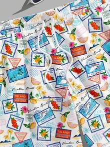 Manfinity RSRT 男士度假风印花沙滩短裤，水果和棕榈树图案，网眼内衬 - 彩色 - 查看 3