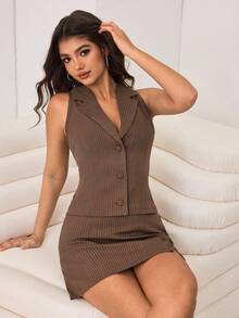 Aidyla Brown Vertical Stripe Waist Cinching Crop Top & Mini Skirt Sexy 2-Piece Set For Women - Brown - View 6