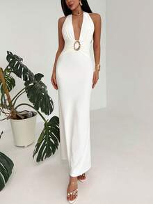 Aloruh Đầm ôm sát cơ thể cao cấp tối giản dành cho nữ, thích hợp cho tiệc tùng hoặc hẹn hò, cổ yếm, cổ chữ V sâu và đính kim loại. - trắng - Xem 7