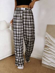 Dream Adore Women's Casual Pink Plaid Print Elastic Waist Straight Leg Pajama Pants - Black and White - View 6