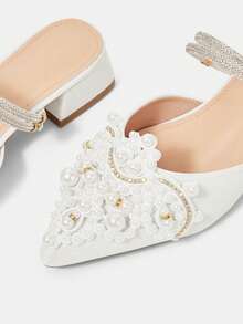 CUCCOO HITCHD 25厘米春夏新款浪漫优雅尖头仿珍珠装饰中跟白色露趾高跟鞋，新娘婚鞋情人节款 - 白色 - 查看 10