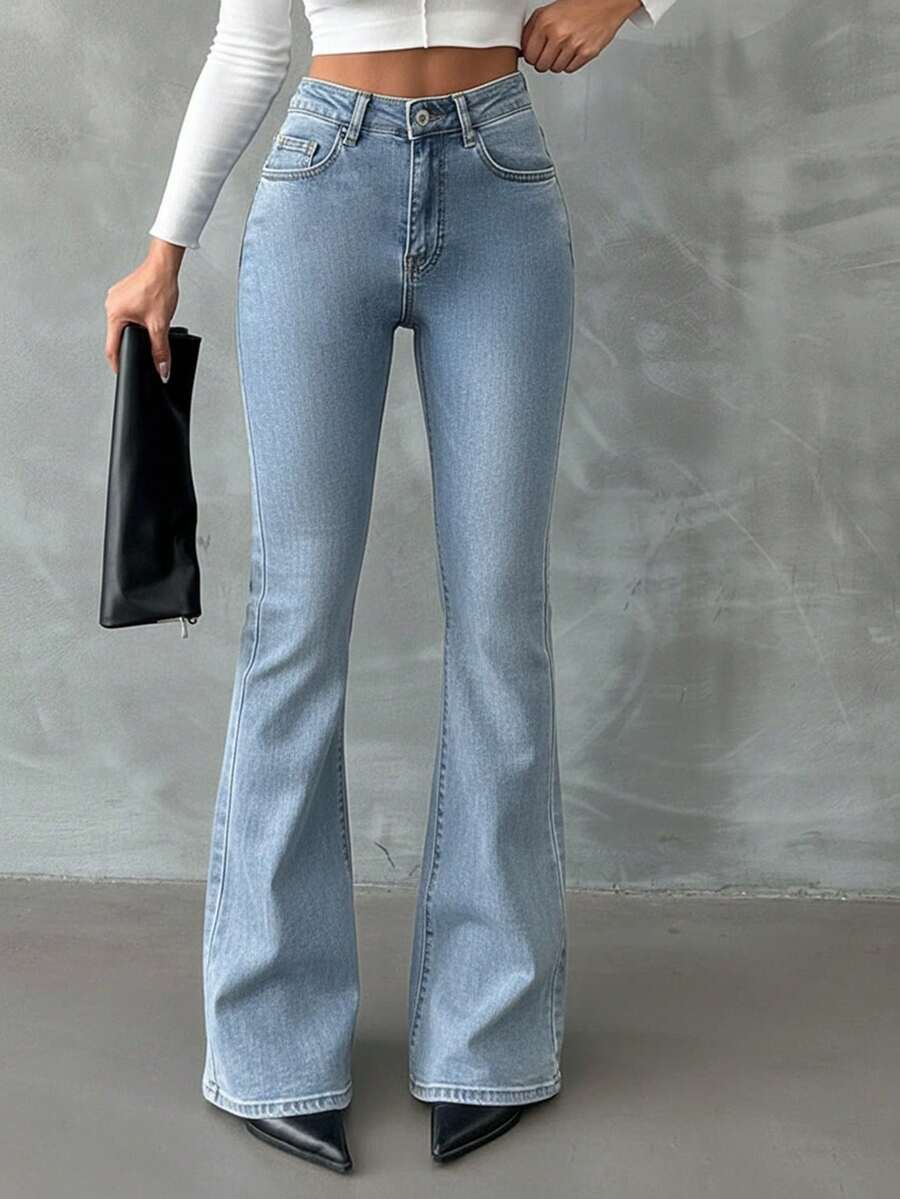 EURMUSE 98%Cotton Zip Solid Color Slant Pocket Front Flare Jeans - Dusty Blue - View 1