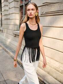 Lumivelle Valentine's Day Women's Fashion Simple U-Neck Fitted Tank Top With Hem Fringe Trim Party Top Fringe Tops For Women Black Fringe Top Summer Tops Women - Black - View 1