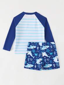 SHEIN Playful Pals 4-7岁男童卡通鲨鱼印花长袖泳衣套装，适合夏季海滩游泳 - 藍色 - 查看 3
