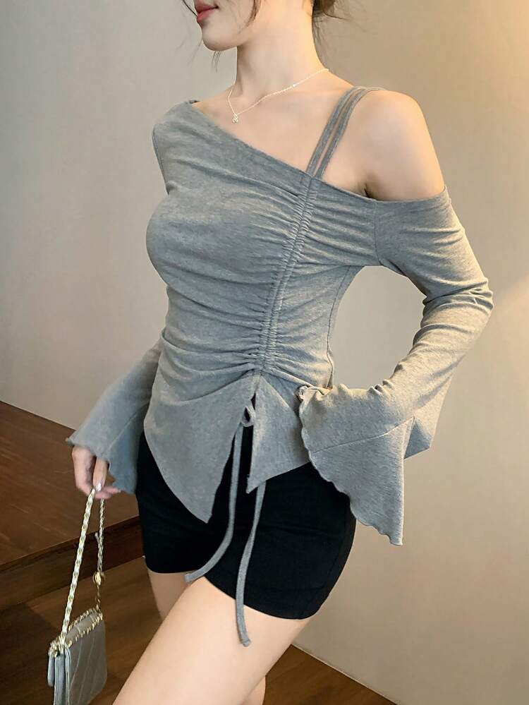 Women's Asymmetric Drawstring Oblique Shoulder Long Sleeve T-Shirt
