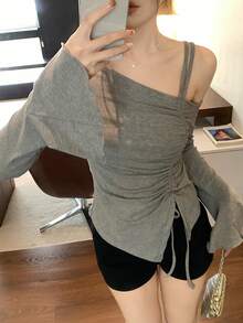 DAZY 女士不对称抽绳斜肩长袖T恤 - 灰色 - 查看 4