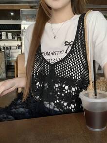 DAZY Women's Patchwork Bow Mesh Button V-Neck Sleeveless Mini Dress - Black - View 6